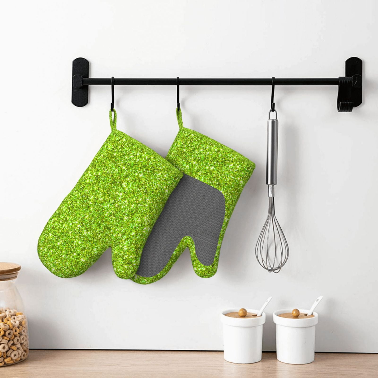 Hirioo Lime green glitter for Silicone Oven Mitts for BBQ, Baking, Cooking, Set of 2, Heat Resistant 260℃, Non-Slip Kitchen Essentials