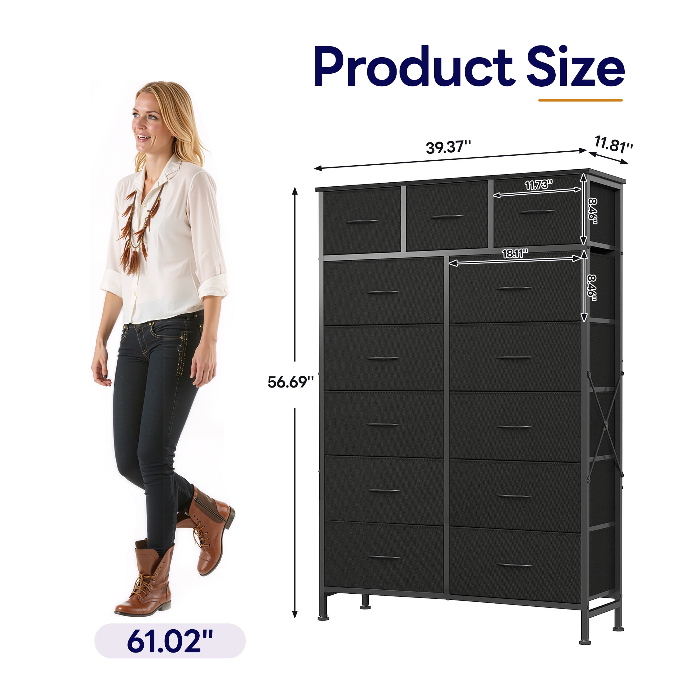 CONCETTA 13-Drawer Fabric Dresser, Tall Storage Tower Organizaton for Bedroom, Closet, Living Room, Black