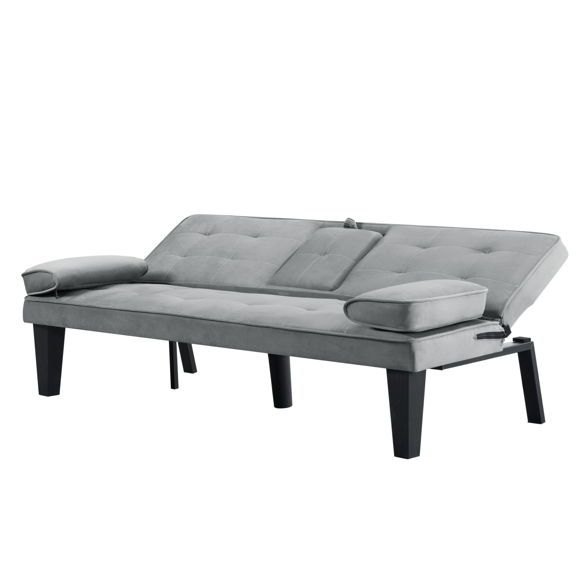Gewnee 65" 3‑in‑1 Convertible Futon Sleeper Sofa,Velvet Foldable Sleeper Couch with Adjustable Backrest,Sofa Bed with Cup Holders for Small Apartments & Office，Light Grey