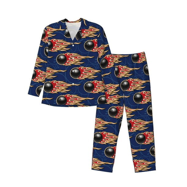 Fotbe Bowling Ball And Flame Pijama de Hombre con Estampado de Manga Larga, Conjunto de 2 Piezas, Ropa de Dormir Suave y Cómoda con Bolsillos-Large