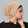 thumbnail image 2 of Xfvqtps Womens Turban Stretchy Ribbed Fabric Solid Color Pre-Tied Knot Breathable Pleated Ruffle Soft Beanie Beige, 2 of 3
