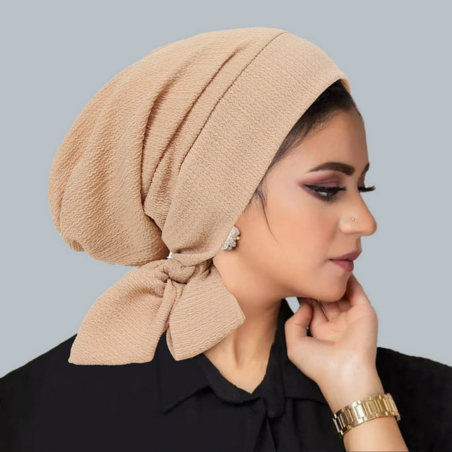 RXIRUCGD Women's Solid Color Crystal Linen Long Tail Headscarf Cap Cap Wavy Pattern Women's Hat( Beige )
