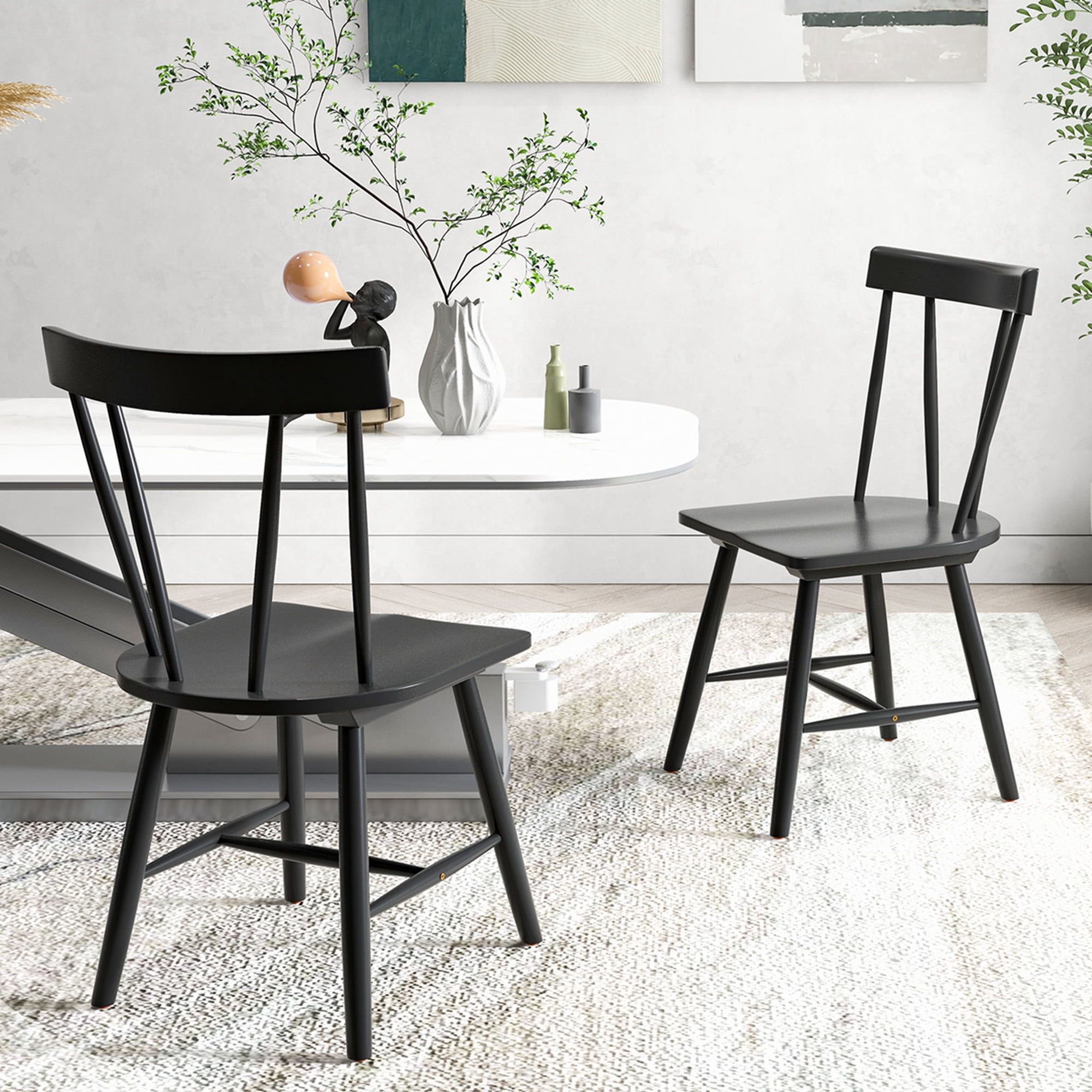 Costway Windsor Rubber Wood Dining Chairs, Black (Set of 2)