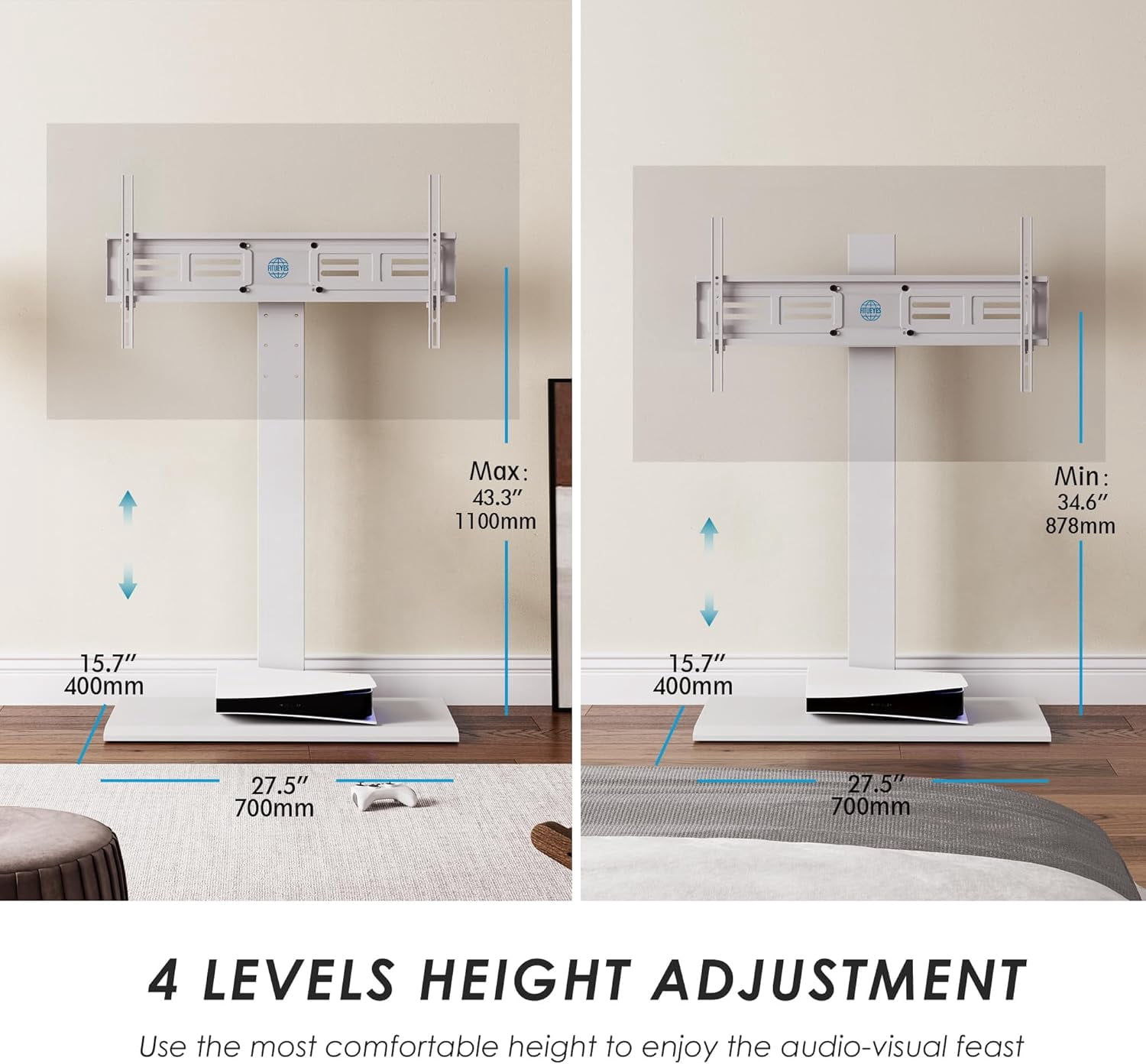 FITUEYES Floor TV Stand for 50–85 Inch TVs, White, Swivel Mount, Iron Base