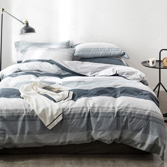 OREISE Duvet Cover Set King Size 100% Cotton Soft Bedding Set Gray Blue White Printed Striped Style,3Piece (1 Duvet Cover + 2 Pillowcase),Comfortable Luxurious