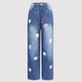 thumbnail image 4 of XAOFW Girls Back To School Denim Pants Casual Mid Rise Straight Leg Jeans Stretchy Floral Print Trousers For Kids Stylish Bottom 9-10 Years, 4 of 6