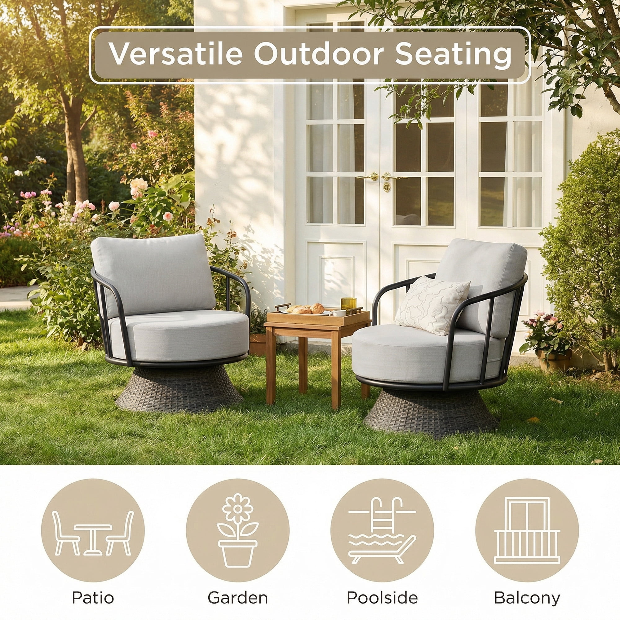 Spruce & Spring 3-Piece Patio Furniture Set, Outdoor Swivel Wicker Chairs with Side Table, Light Gray Olefin Cushions & Dark Gray Wicker, for Porch, Deck & Backyard