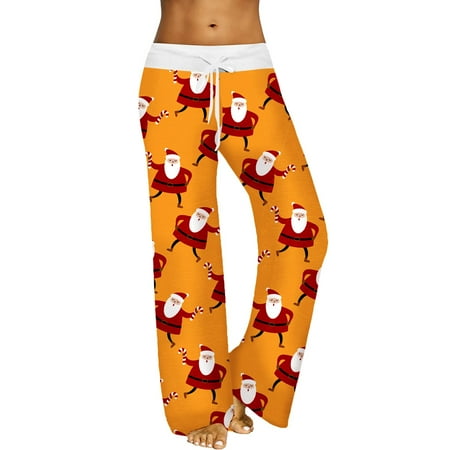 

Puawkoer Womens Leisure Pants Christmas Printed Home Pants Wide Leg Pants Pajama Pants Pull Rope Elastic Waist Clothing Shoes & Accessories L Yellow