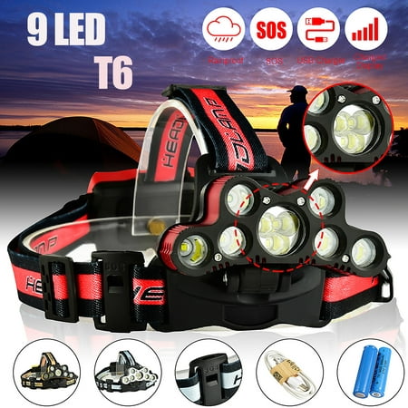7000LM 9 LED USB Headlamp 18650 Zoomable Headlight Torch Lamp T6 LED + 2Pcs 18650 Battery + USB Cable -SO S Help whistle for Camping Running Hiking