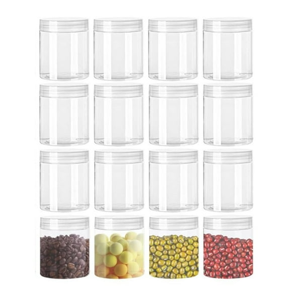 16 Pack Clear Plastic Jars with Lid,PET Material Sealed Food Jars,Refillable Empty Cosmetics Containers,Kitchen Spices Round Storage Jars,Slime Jars for Lotion,Cream,Ointments