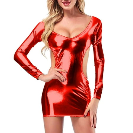 Yuhangmm Women Fashion Solid Sexy Lingerie Gold P Leather Long Seleeve Skirt Submissive Lingerie for Women Leather