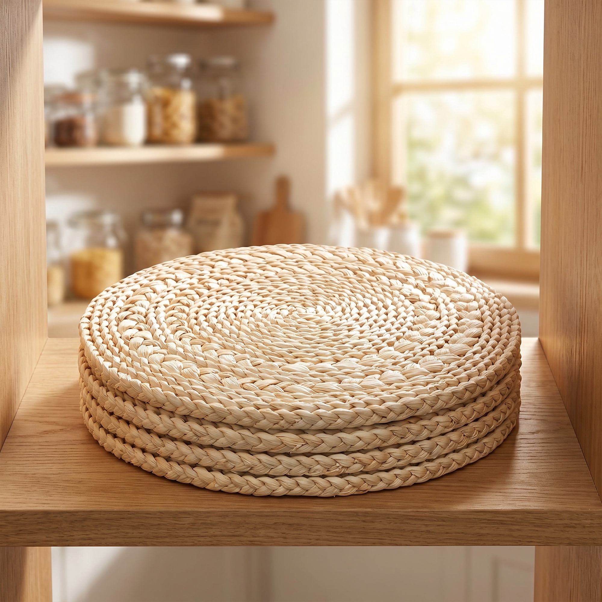 Unique Bargains 4Pcs Round Woven Dining Table Decor Placemats Beige 15x15in