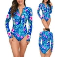 thumbnail image 2 of Jacenvly 2024 One Piece Swimsuits for Women Long Sleeve Casual Diving Suit Floral Zip Front Surfing Swimwear Lightweight Ladies Fashion Multicolor Leaf Flower Print Zipper Women Piece Blue, 2 of 9