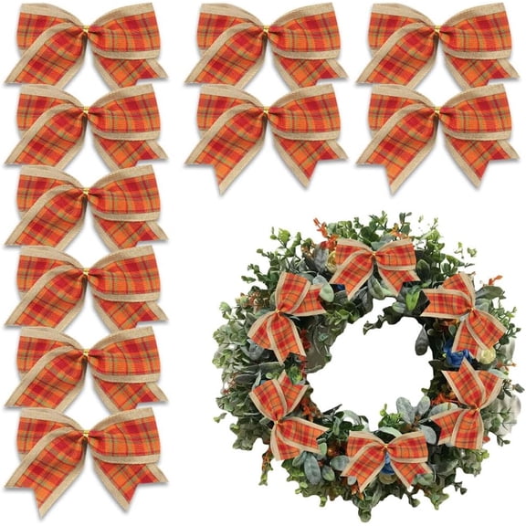 Hsomely 10 PCS Fall Bows for Wreath, Thanksgiving Orange Red Buffalo Plaid Natural Burlap Bows for Basket Autumn Farmhouse Decor