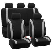 FH Group Flat Cloth Seat Covers for Car Sedan SUV Van, Full Set with Black Leather Steering Wheel Cover, Gray Black