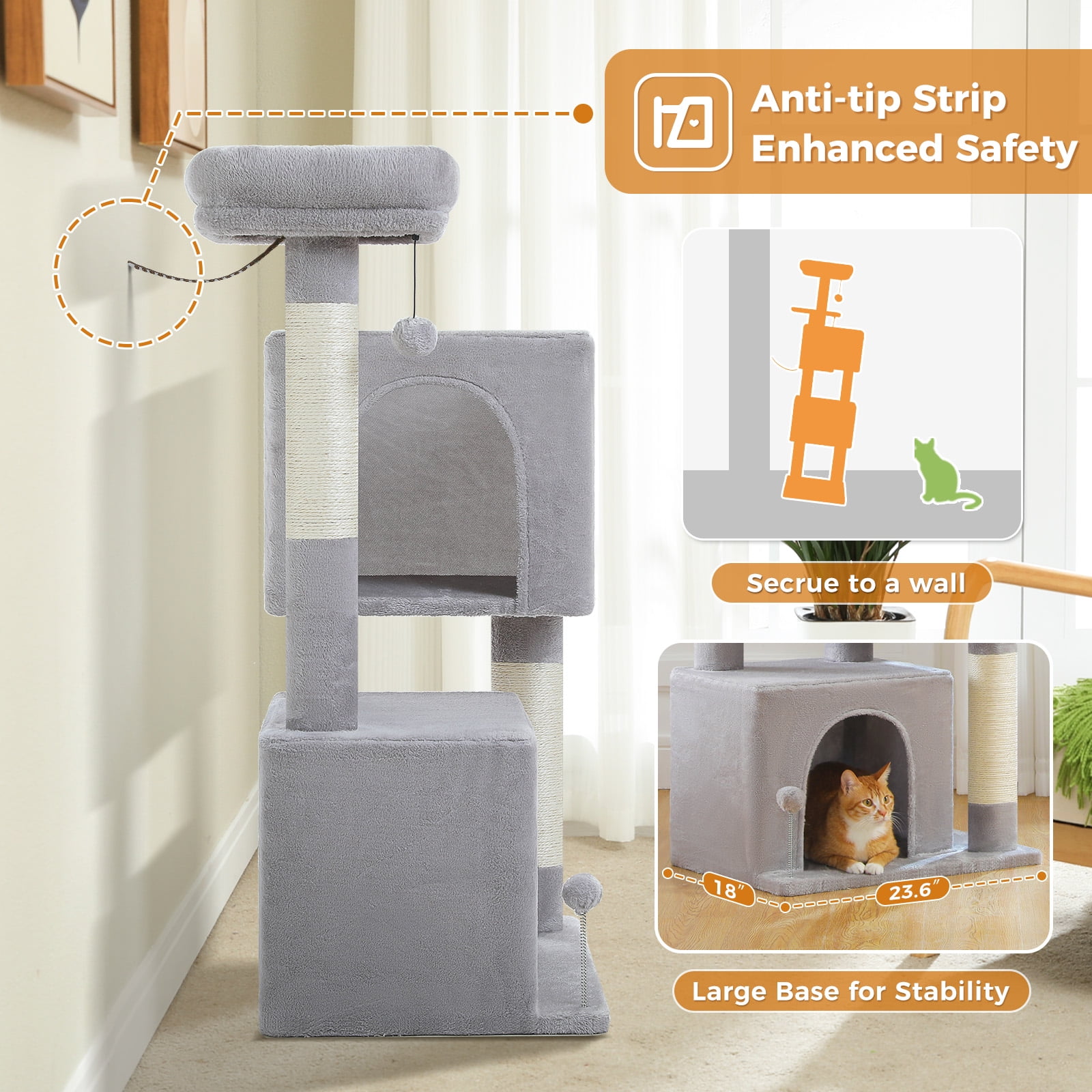 Pefilos 43" Cat Tree Tower for Adult Cats, Stable Cute Sisal Cat Climb Holder Cat Condo for Indoor Cats Lamb, Gray