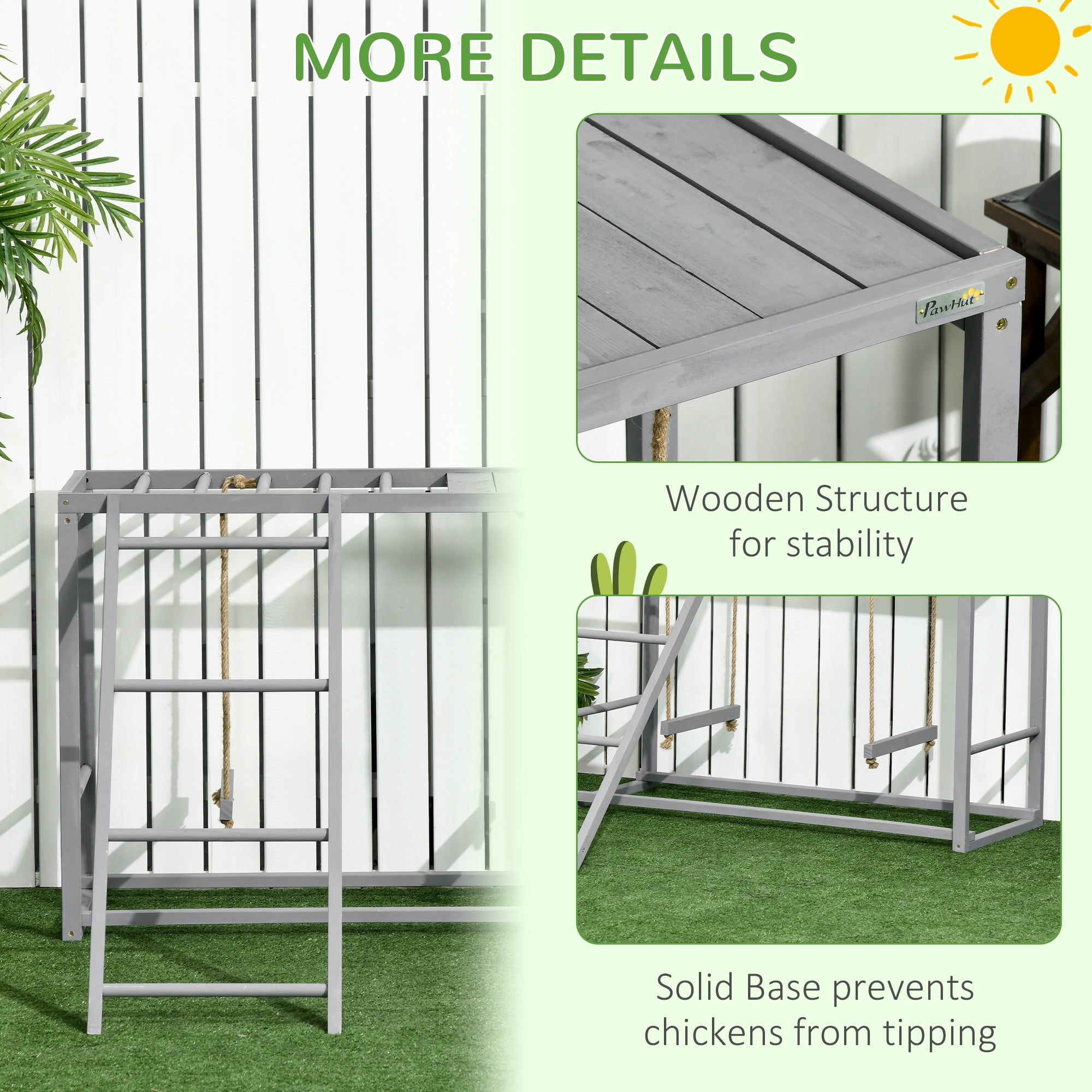 Chicken Activity Play with Swing Set for 3-4 Birds, Wooden Chicken Coop Accessory with Multiple Chicken Perches & Hen Ladder Gray