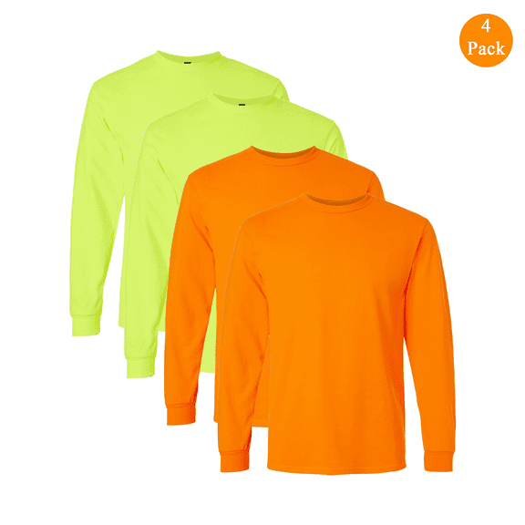 Gildan Men's Ultra Cotton Hi-Vis Long Sleeve T-Shirt, Safety Green and Orange Work Tee, 4-Pack, S