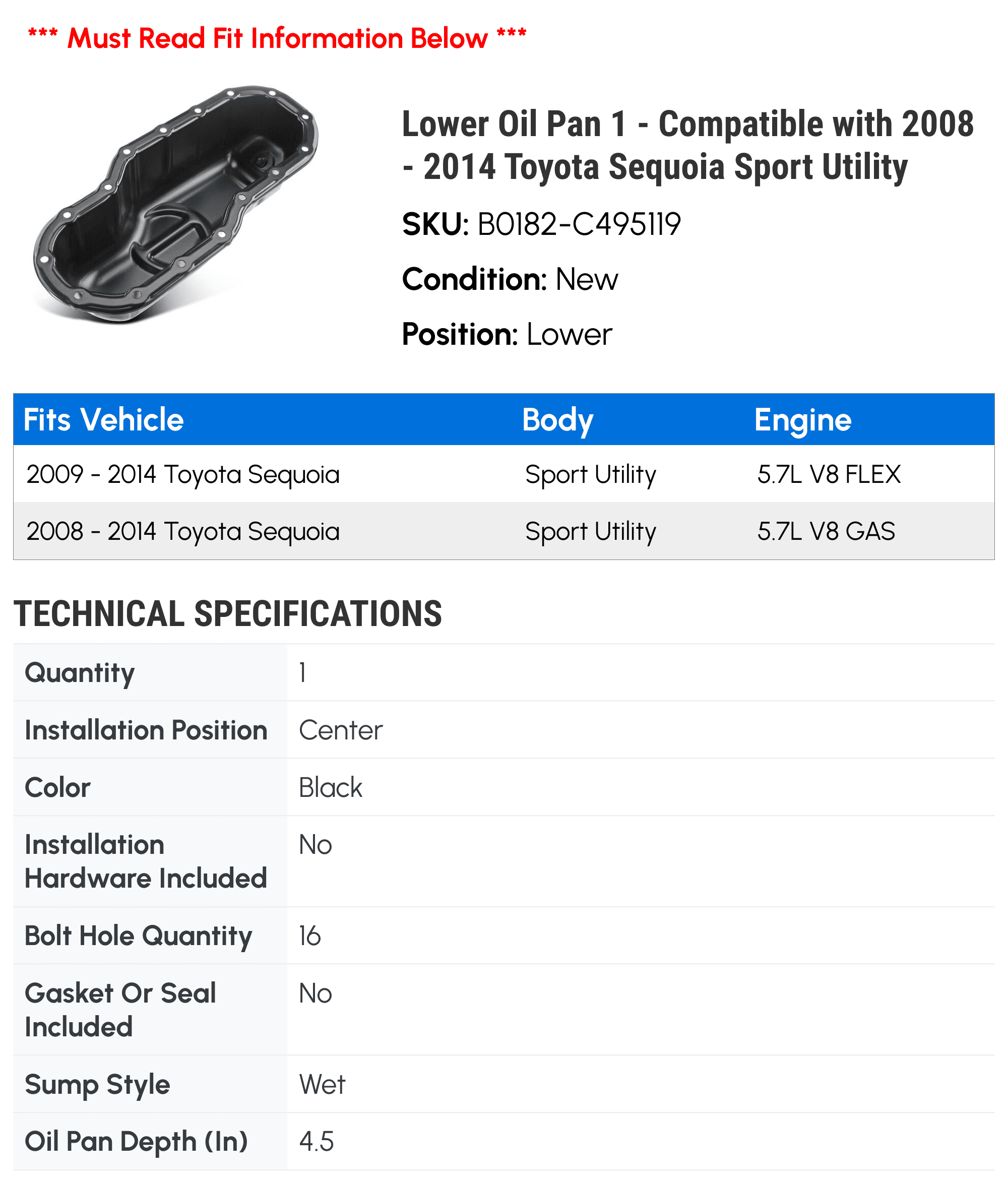 Lower Oil Pan 1 - Compatible with 2008 - 2014 Toyota Sequoia Sport Utility - Autopart Premium