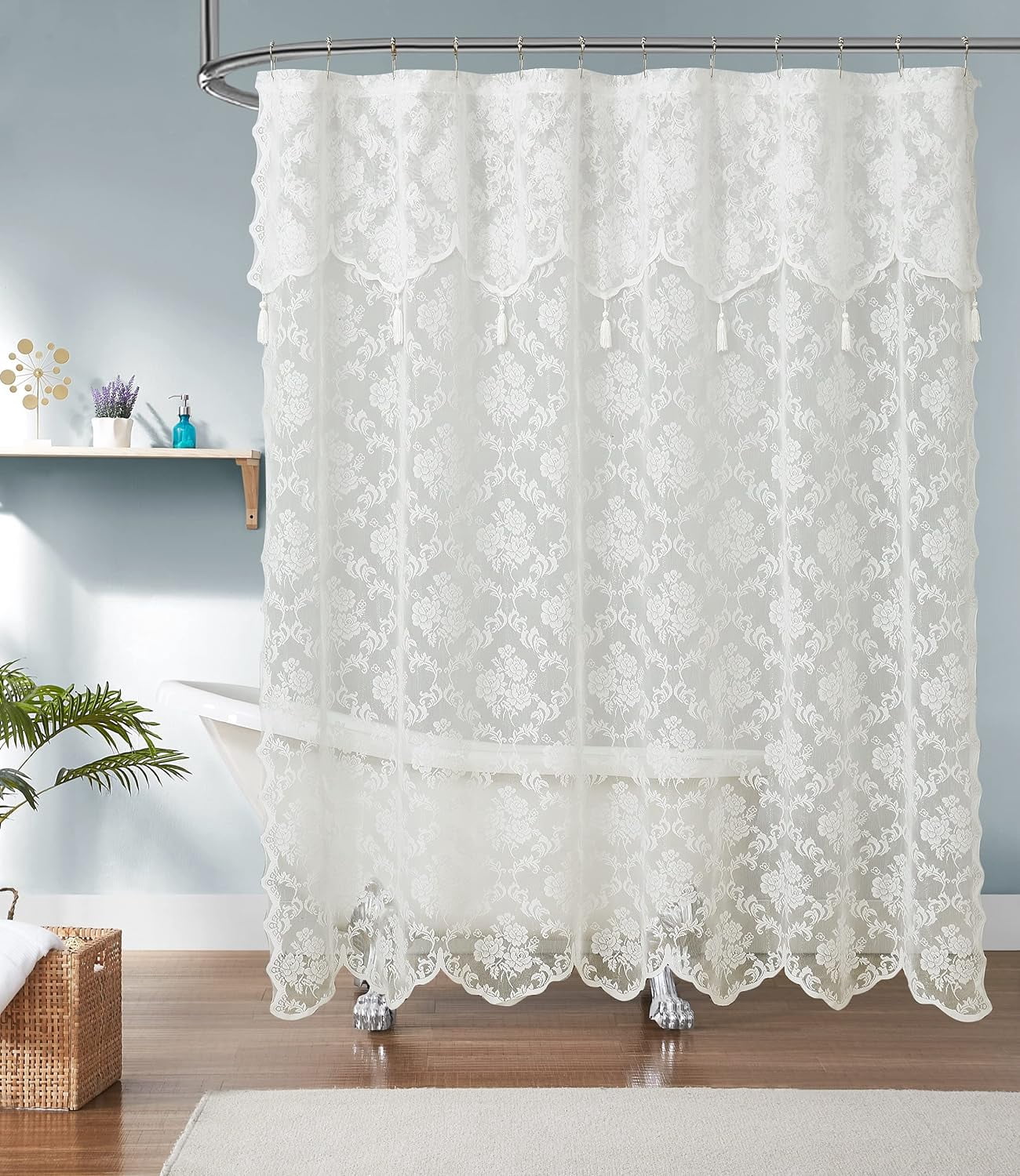 WARM HOME DESIGNS Luxury Lace Shower Curtain with Attached Valance and Elegant Tassels. MSH Ivory 72