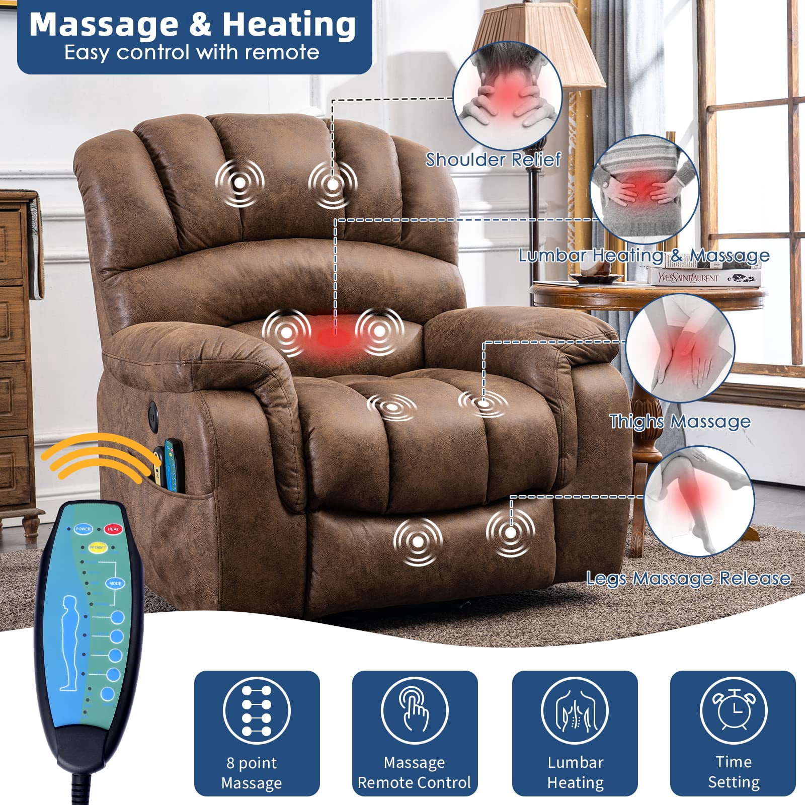SOCIALCOMFY Large Power Electric Lift Recliner Chair for Elderly Big People, Heated Massage Motorized Reclining Sofa, Wide Recliners with 2 Remote Controls, Side Pockets & USB Ports, Brown