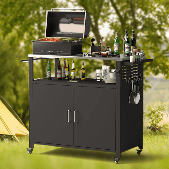 Avolander Moveable Grill Cart with Storage, Outdoor BBQ Prep Table Bar Cart for Patio and Backyard