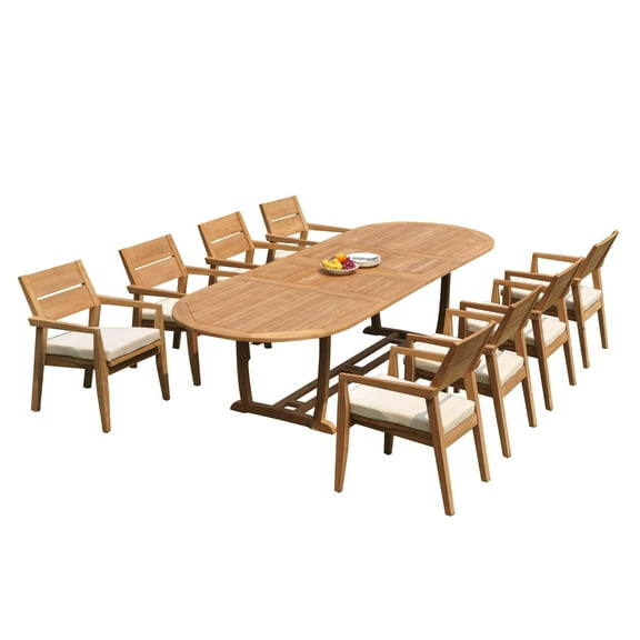 Grade-A Teak Dining Set: 8 Seater 9 Pc: 118" Mas Oval Trestle Leg Table And 8 Vellore Stacking Arm Chairs Outdoor Patio WholesaleTeak #51VL2709