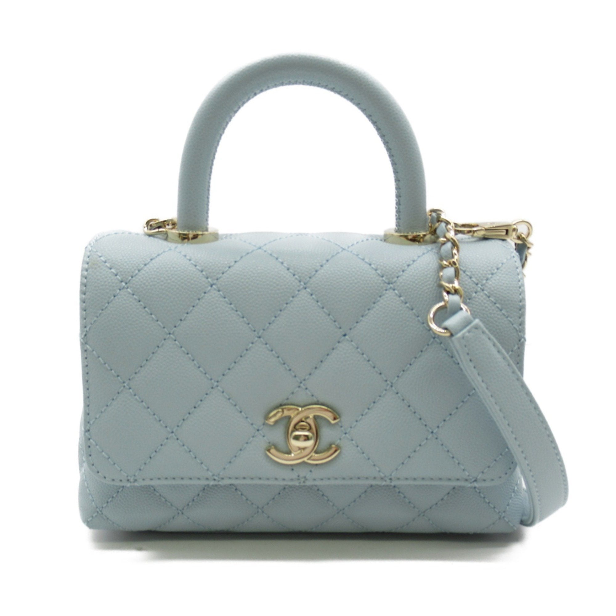 Pre Owned CHANEL Coco Handle Matelasse 2 way Shoulder Bag Caviar Skin Grained Calf Women s Blue AS2215 Good Walmart