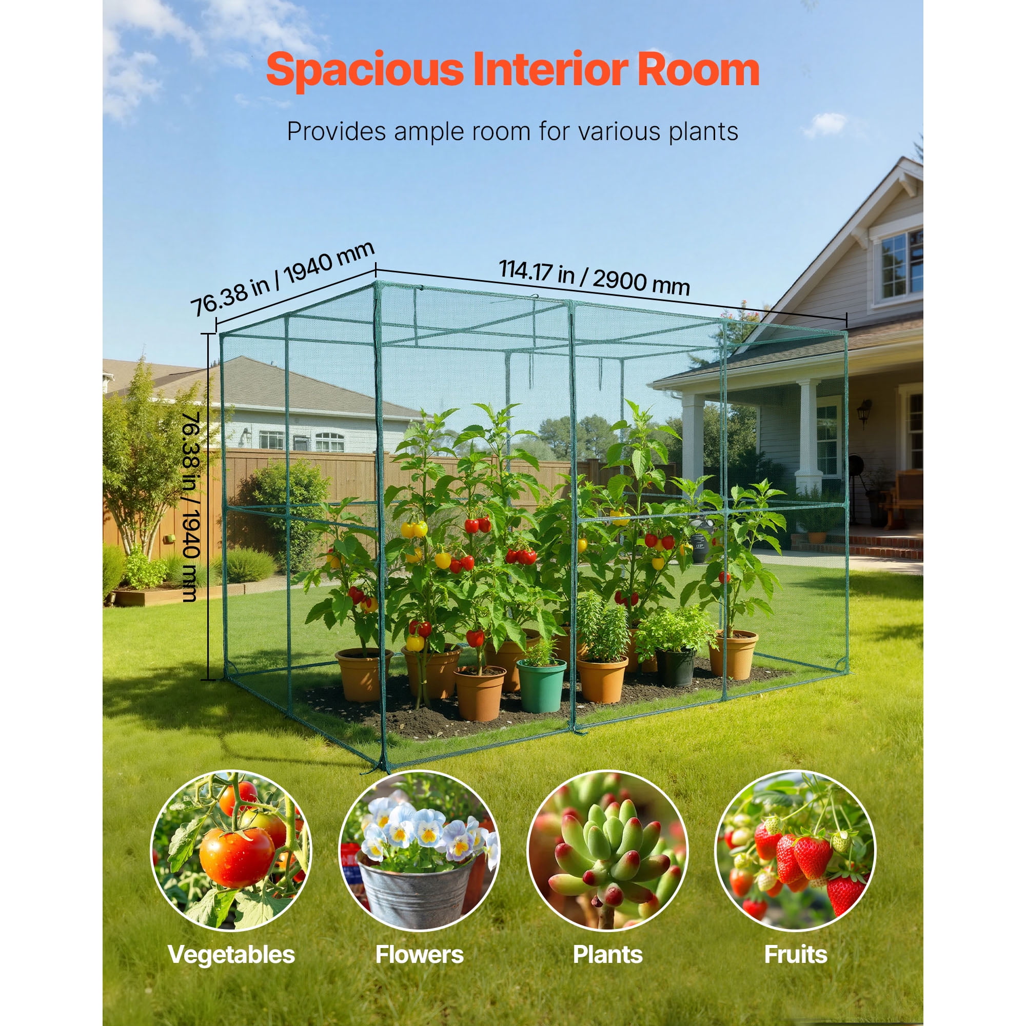 KFFKFF Large Crop Protection Tent, 9.5 x 6.36 x 6.36 ft with Zippered Door, Durable and Wind-Resistant Design, Easy Assembly, Outdoor Cover for Raised Beds, Netting for Garden Plants and Patio Use