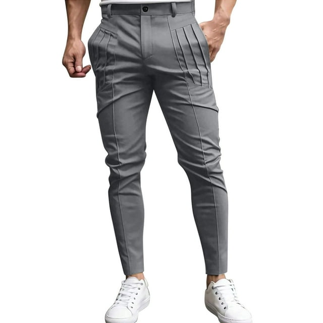 Pantalones largos para hombre, color liso, ajustados, con bolsillos y cremallera, informales, de pierna pequeña