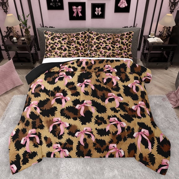 jejeloiu Wild Leopard Cheetah Bedding Comforter Set,Cute Bow Knot Twin Comforter Sets,Pink Brown Bedding Set For Girl,Breathable Home Decor Reversible,2-Piece