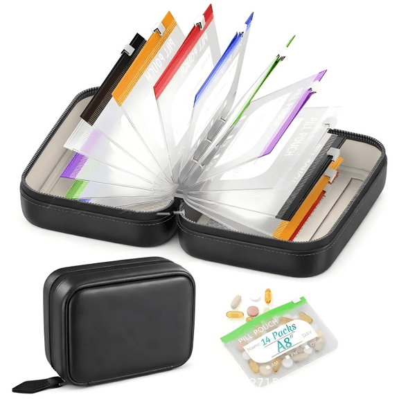 Waterproof Pill Pouch Set, Travel Medicine Organizers, Set-14pcs Bags Inside,Leakproof Reusable Zippered Storage Case for Fish Oils, Vitamins(Black)