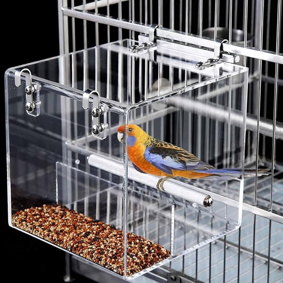 No Mess Automatic Acrylic Bird Feeder with Seed Catcher Tray, Stainless Steel Hooks for Small Parrots, Canary, Parakeet, Budgerigar, Cockatiel, Lovebird (Small)