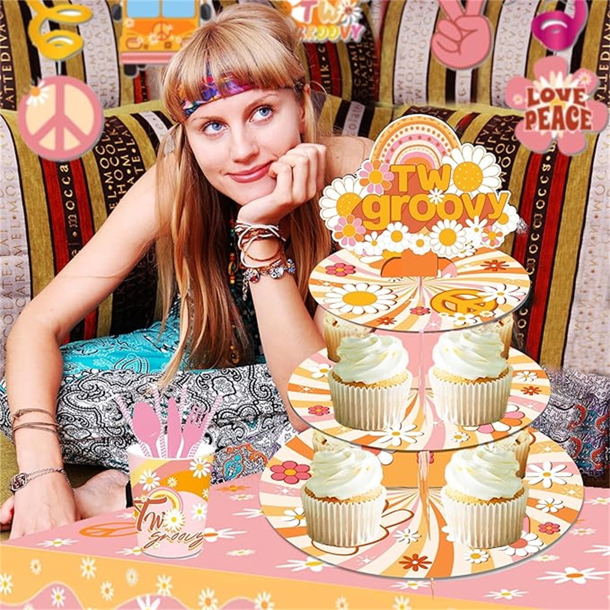 3-Tier Groovy Hippie Cupcake Stand - Retro Boho Dessert Tower For Birthday Parties, Rainbow Daisy Theme
