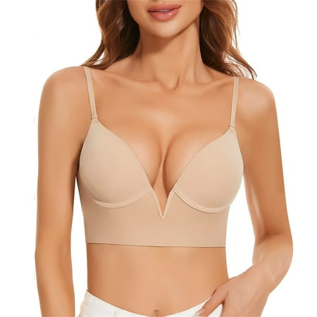 Mackneog French Deep V Low Cut Large Open Back U Shaped Beautiful Back Seamless Underwear Small Chest Gathered Anti Sagging Bra Without Steel Ring Bra Beige 34 Gift on Clearance