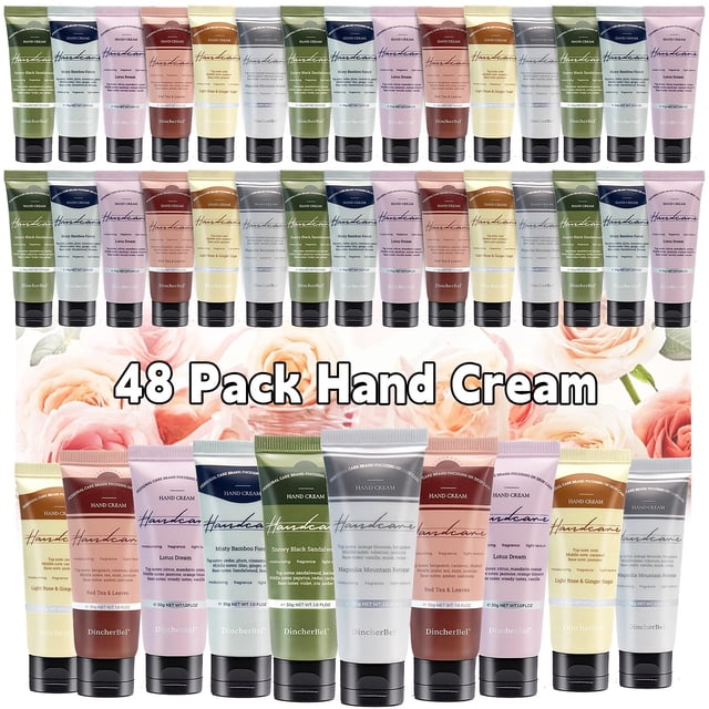 Juego de crema de manos DincherBel, paquete de 48, loción de manos perfumada hidratante de tamaño de viaje para piel seca, regalo de vacaciones ideal para mujeres