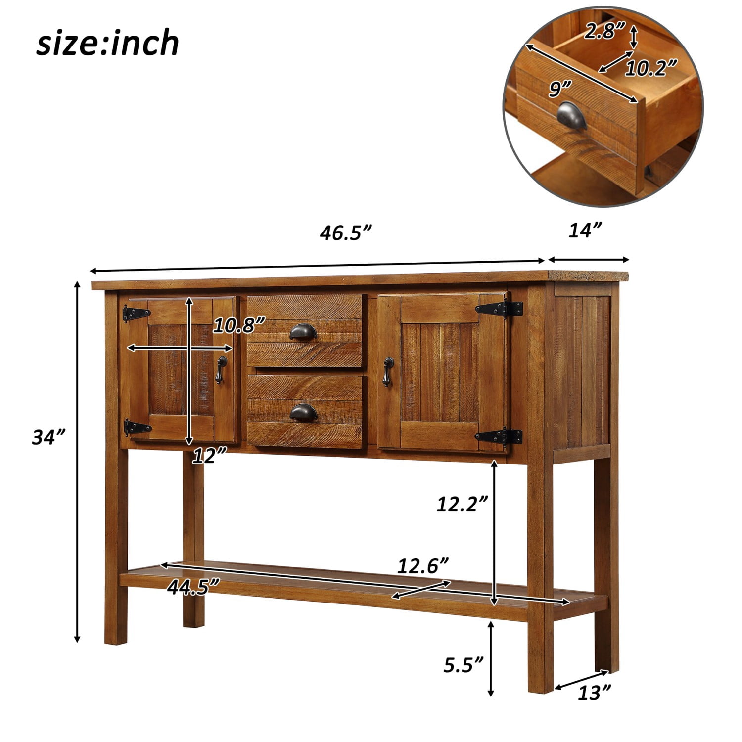 46.5" Solid Wood Sideboard Buffet Cabinet with 2 Drawers, 2 Doors and Bottom Shelf, Retro Console Table Storage Cabinet for Kitchen Dining Room Living Room, Brown