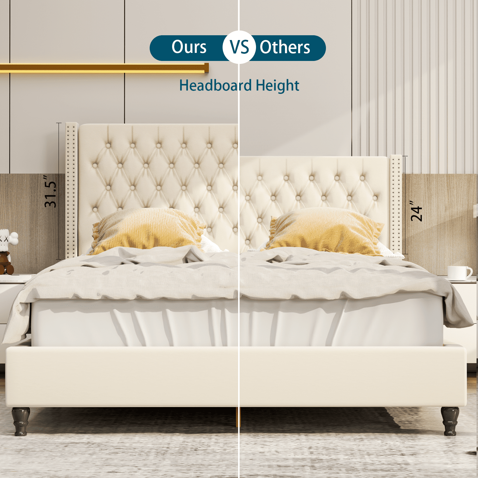 Upholstered Tufted Bed, Platform Bed Frame with Diamond Low Profile Platform Beds Strong Wooden Slats, King Size White