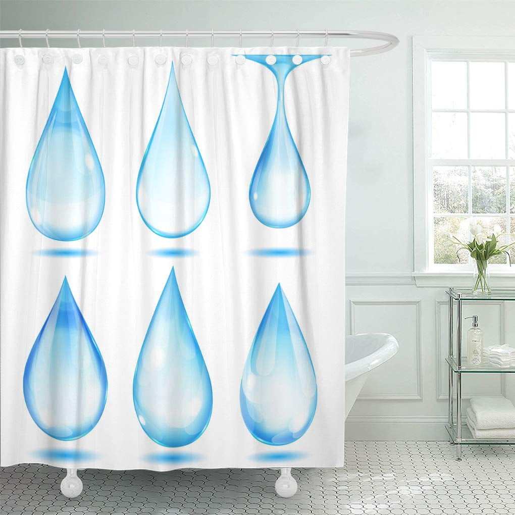 ATABIE Aqua Droplet of Opaque Light Blue Drops on White Shower Curtain 66x72 inch