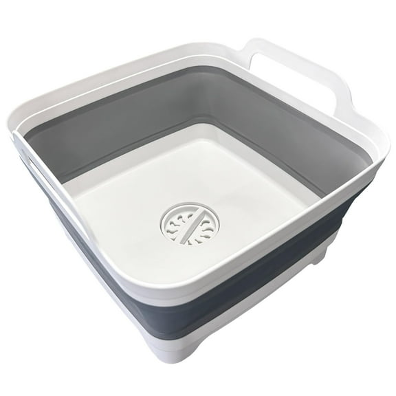 9L (2.4Gal) Collapsible Dish Basin with Drain Plug Carry Handles, Kitchen Storage Tray, Portable Foldable Dish Tub/Dishpan for Camping, RV, Gray