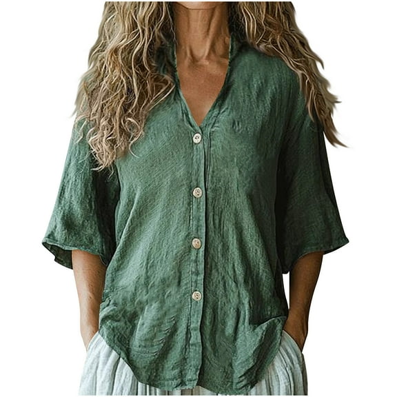 Women Gauze Shirts Button Down Long Sleeve Stand Collar Tops Lightweight Breathable Loose Casual V Neck Blouses