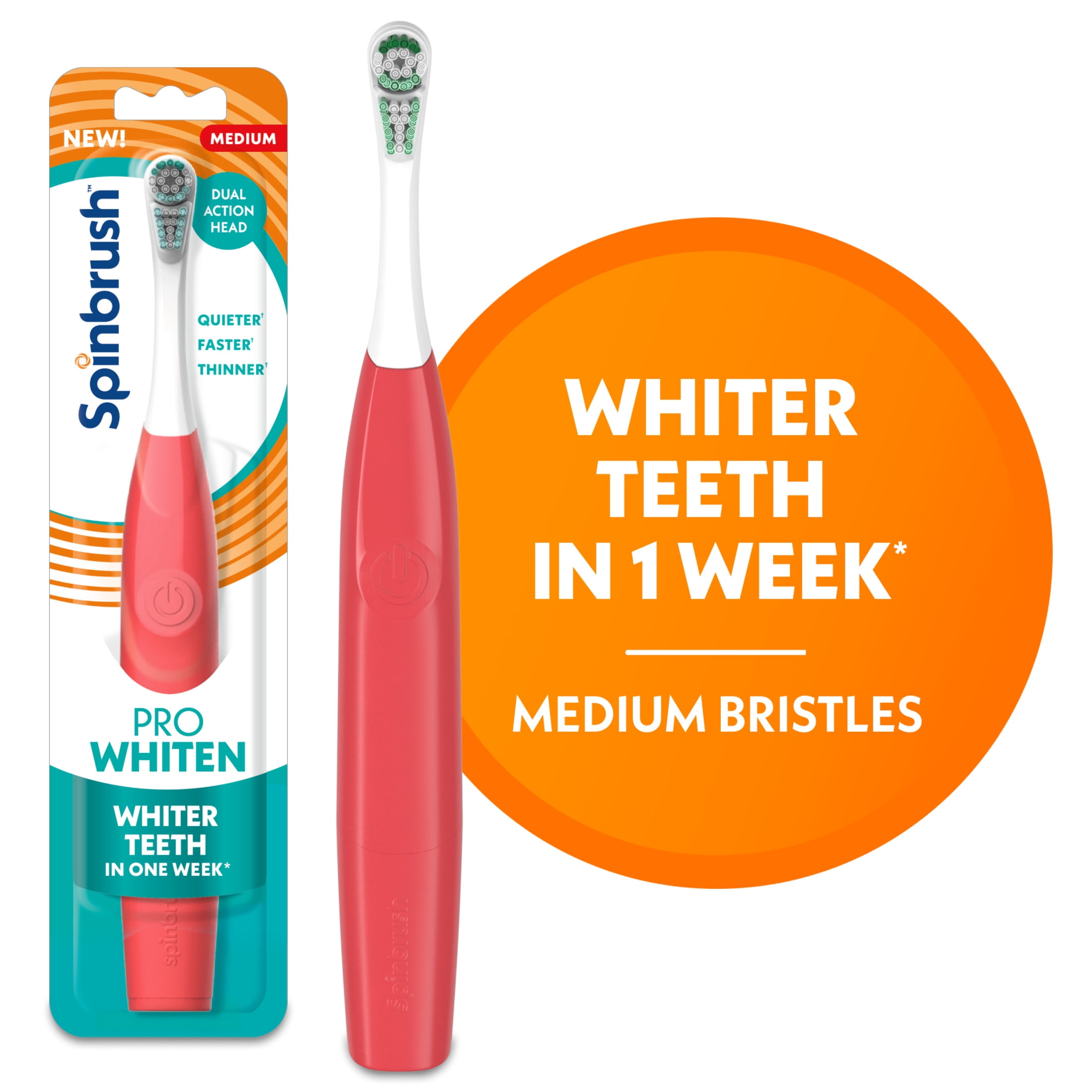Spinbrush NEW PRO WHITEN Battery Powered Electric Toothbrush for Adults, Medium Bristles, Coral