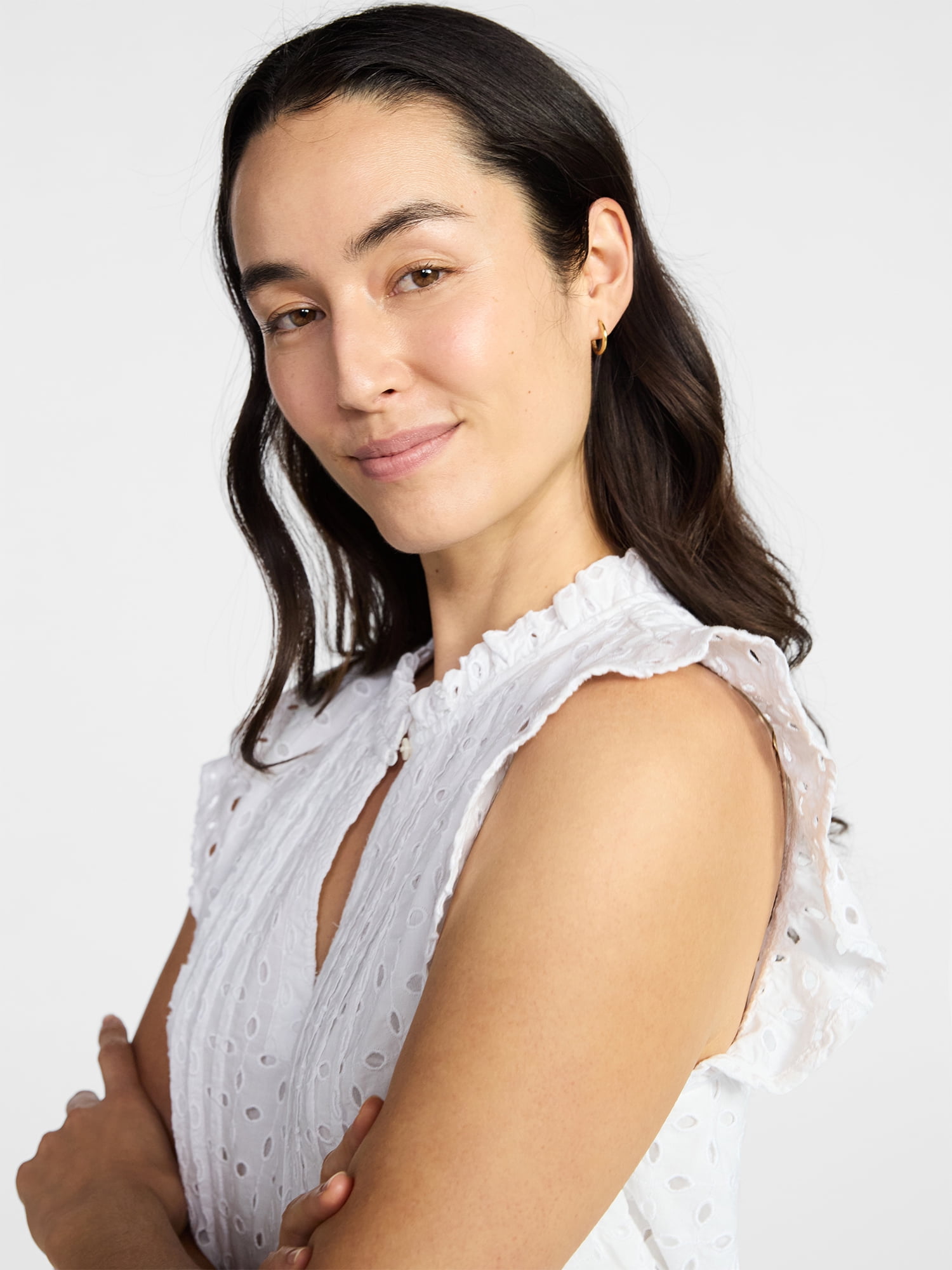 Time and Tru Women's Cotton Eyelet Top with Short Flutter Sleeves, Sizes XS-XXXL