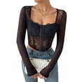 thumbnail image 3 of Seyurigaoka Women's Sexy Bustier Corset Top Long Sleeve Square Neck Mesh Crop Tops Vintage Backless Boned Bustier Bodyshaper Shirts, 3 of 9