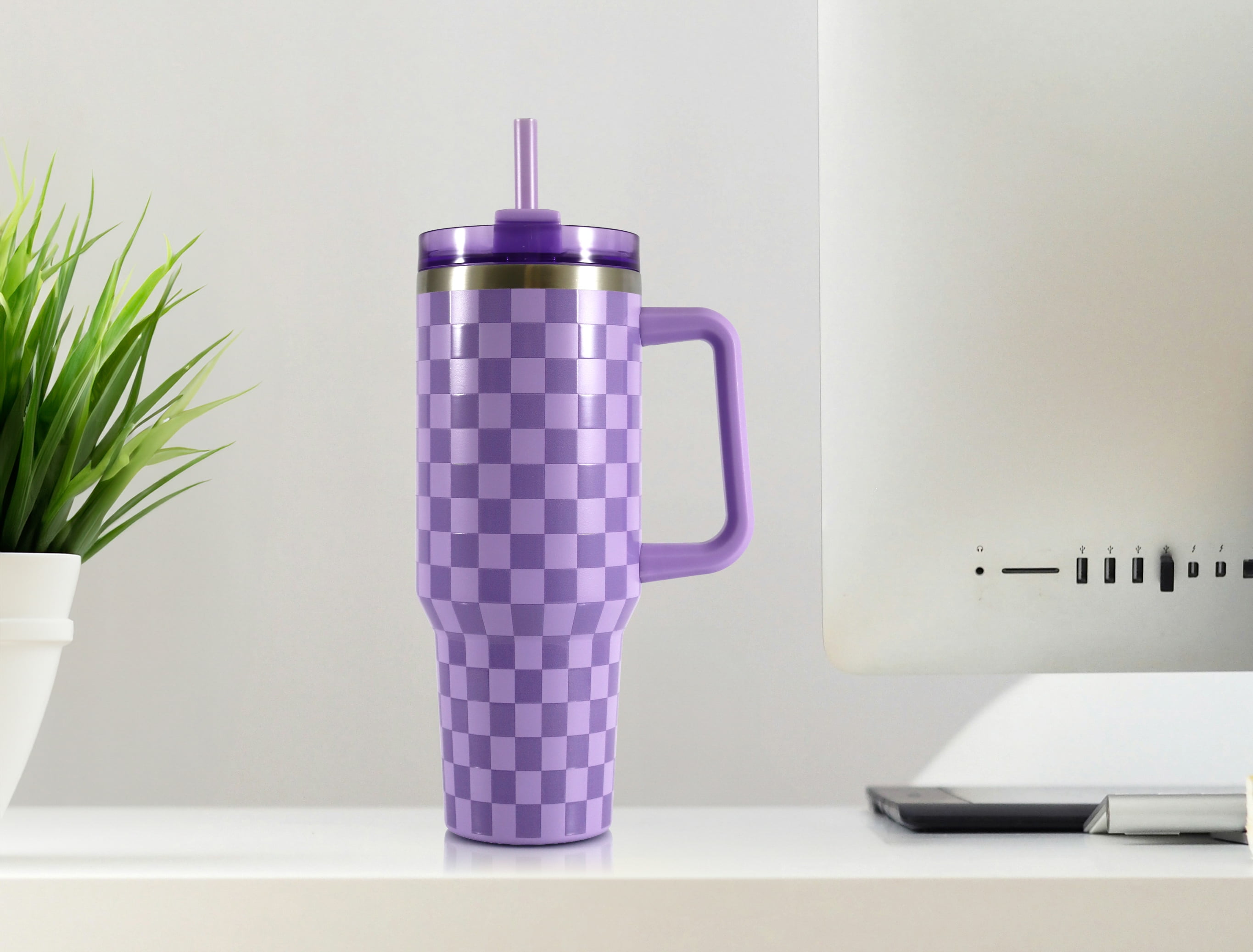 Mainstays 40 oz Stainless Steel Tumbler with Straw and Handle, Double Wall Insulated, Purple Check