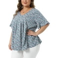 thumbnail image 4 of Agnes Orinda Women's Plus Size Floral Tops Pleated V Neck Flared Sleeve Casual Summer Blouses 4X Dark Green, 4 of 6