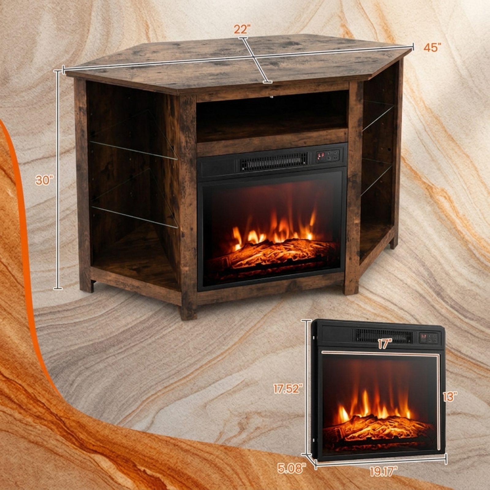 Furnibear Fireplace Corner TV Stand Entertainment Center with LED Lights and Smart App Control for 50 Inch TV Media Storage, Rustic Brown