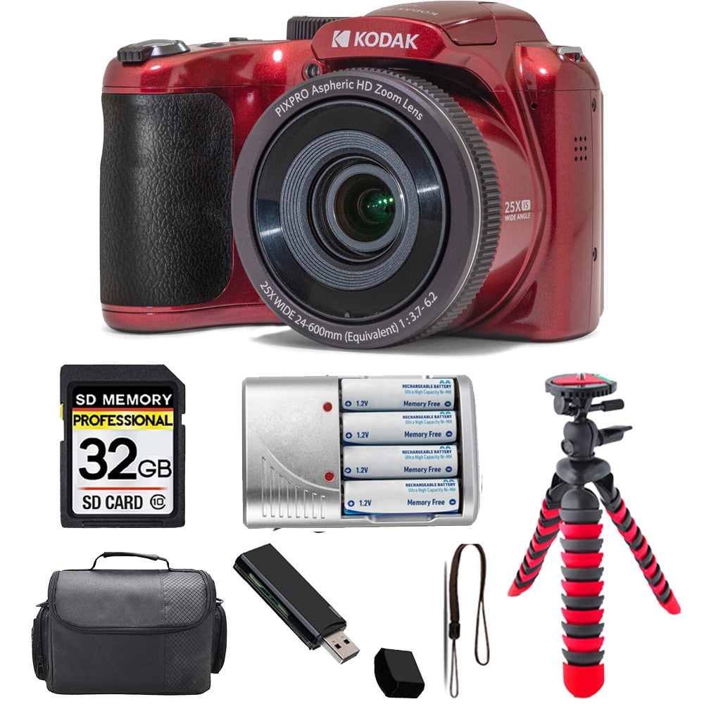 Kodak PIXPRO AZ255 Digital Camera (Red) + Spider Tripod + Case - 32GB Kit