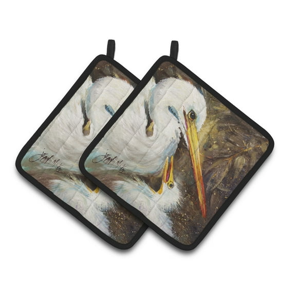 Carolines Treasures JMK1211PTHD White Egret feeding baby Pair of Pot Holders , 7.5HX7.5W, multicolor