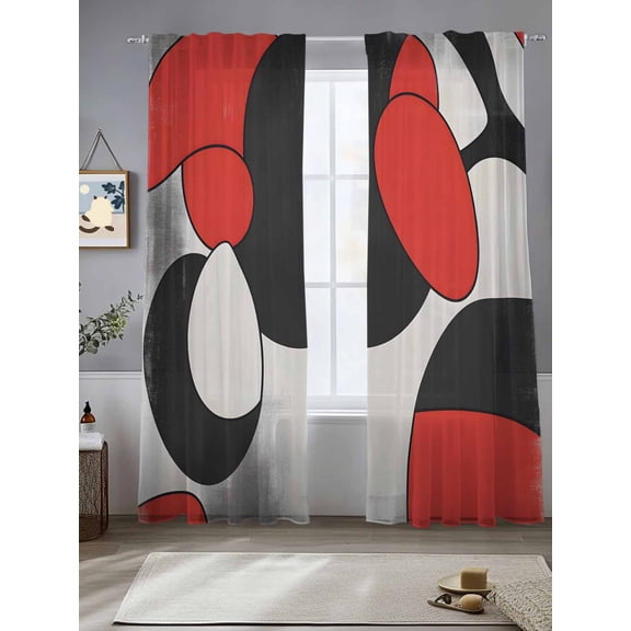 Red Black Abstract Sheer Curtains 108 Inches Long 2 Panels Modern Geometric Light Filtering Semi Sheer Window Curtains Drapes for Bedroom Living Room 52"x108"